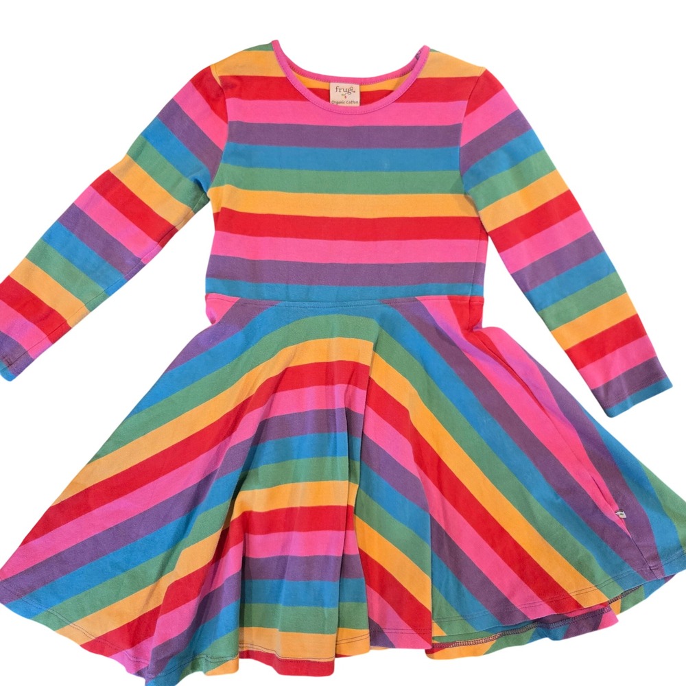 Frugi Kids Organic Cotton Rainbow Stripe Skater Dress Long Sleeve 5-6 Years